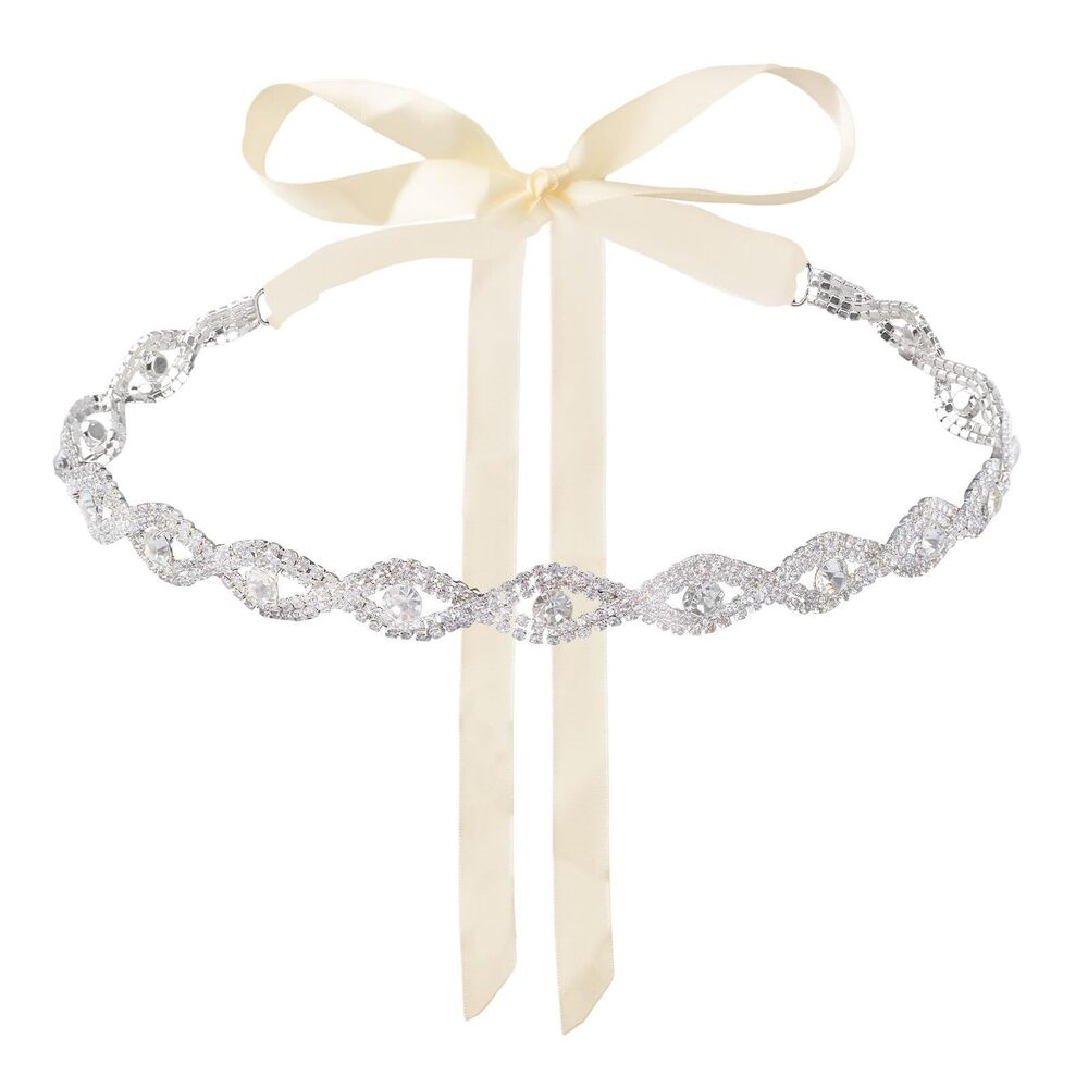 Crystal Ribbon Tie Belt - Silver with Cream Ribbon